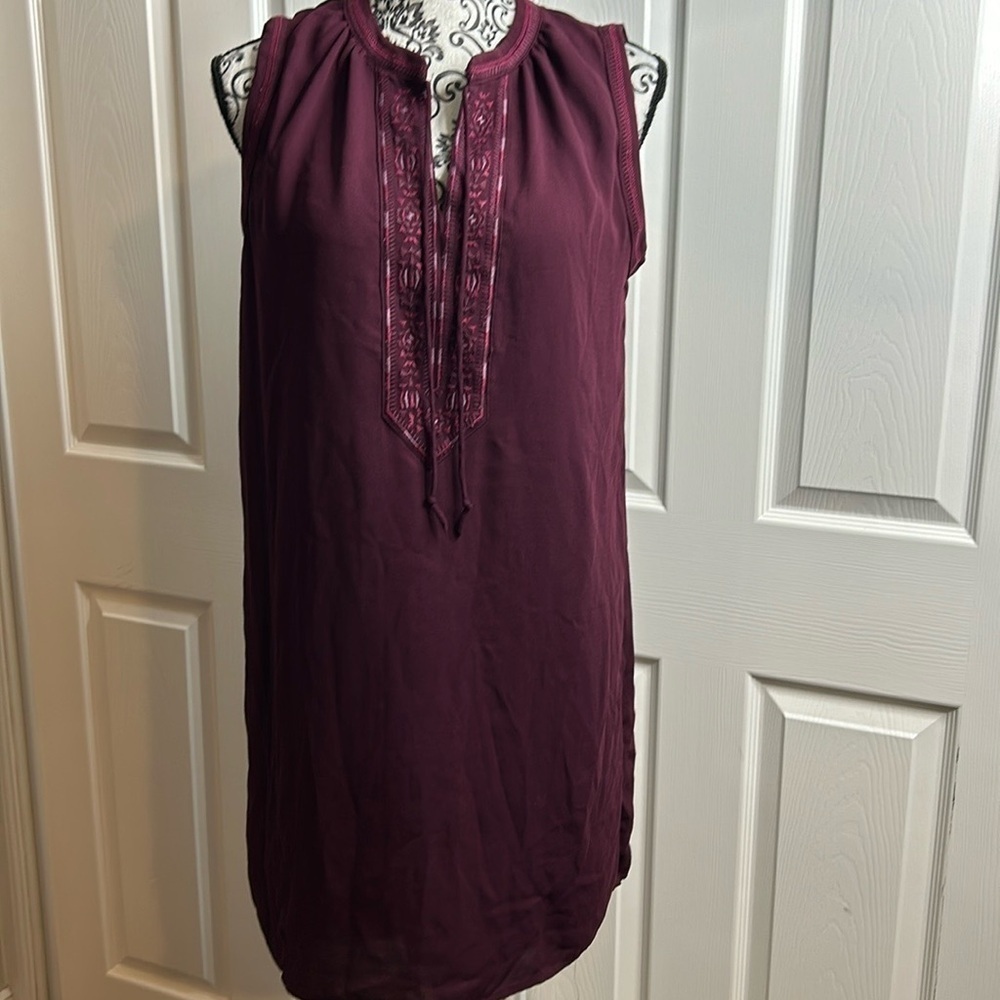 Fleur Bleue‎ burgundy Shift Dress 6 Ties Embroidered